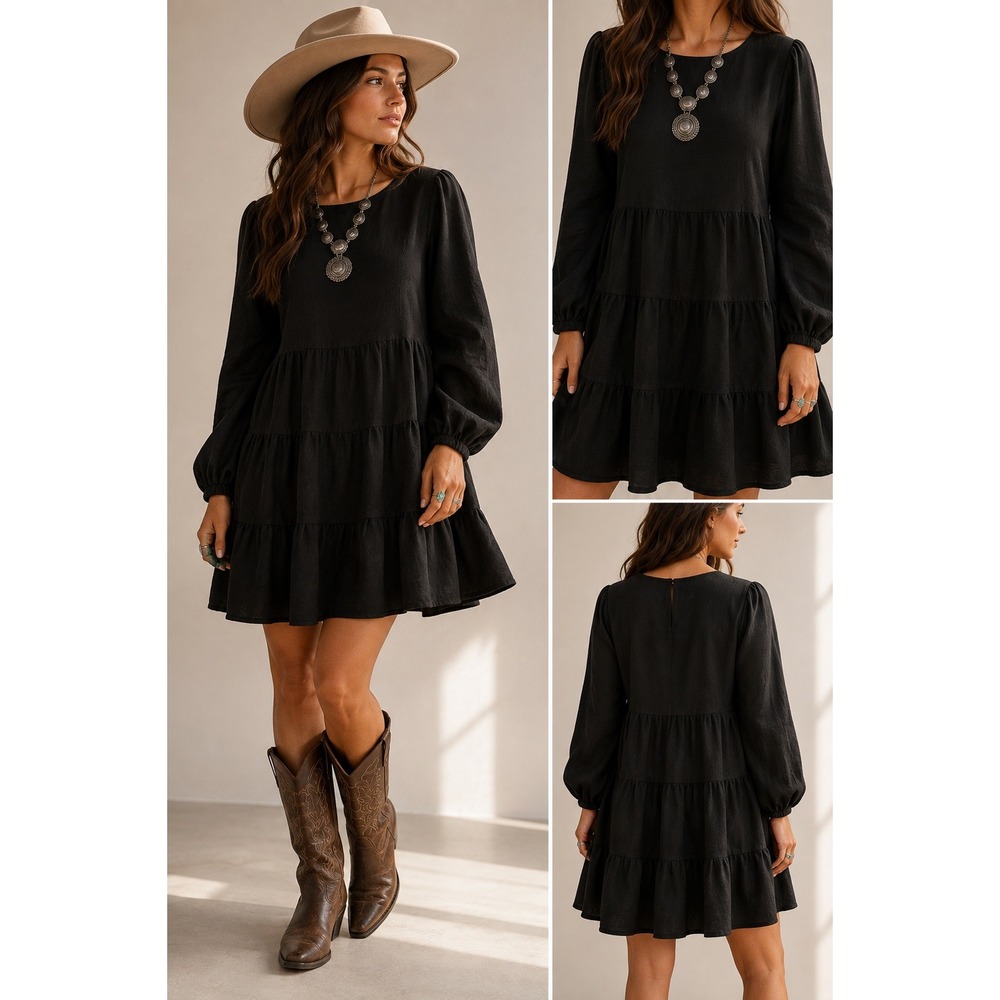 Umgee Black Tiered Babydoll Mini Dress Long Sleeve Cotton Blend Small